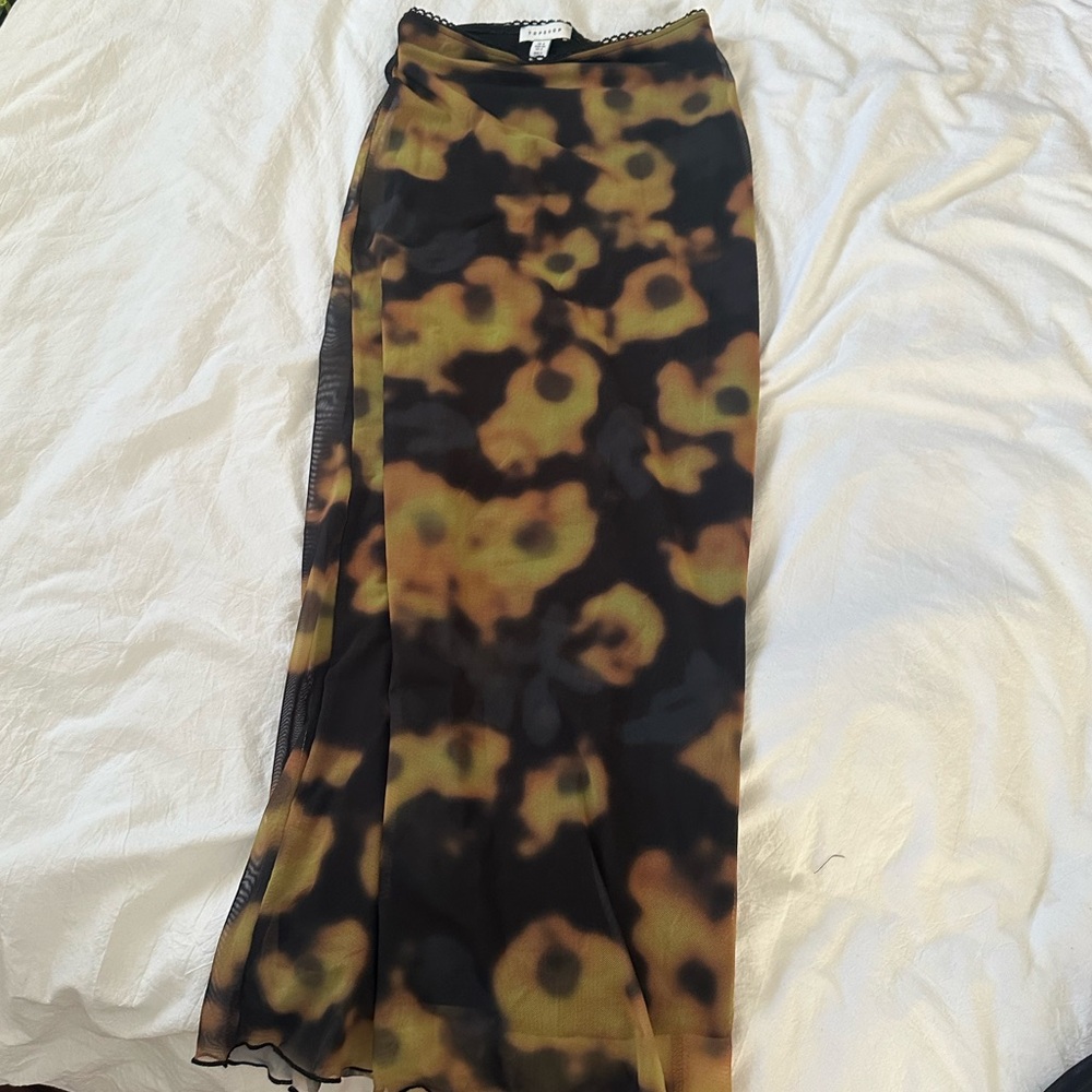 Topshop jersey mesh photographic floral print midi skirt in black and yellow - Picture 5 of 5